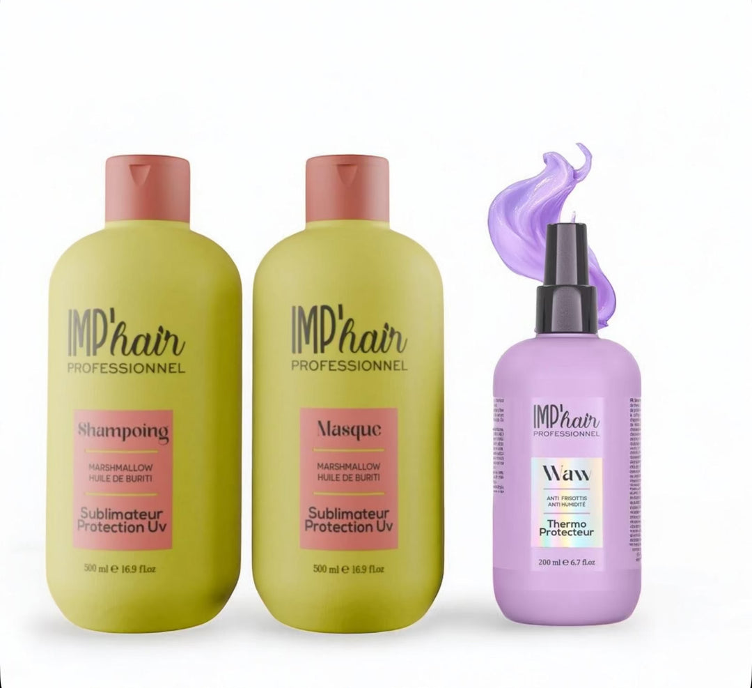 NOUVEAU Trio Protection et Soin Shampoing, Masque & Thermo-Protecteur - IMP’HAIR Professionnel – Marshmallow & Buriti